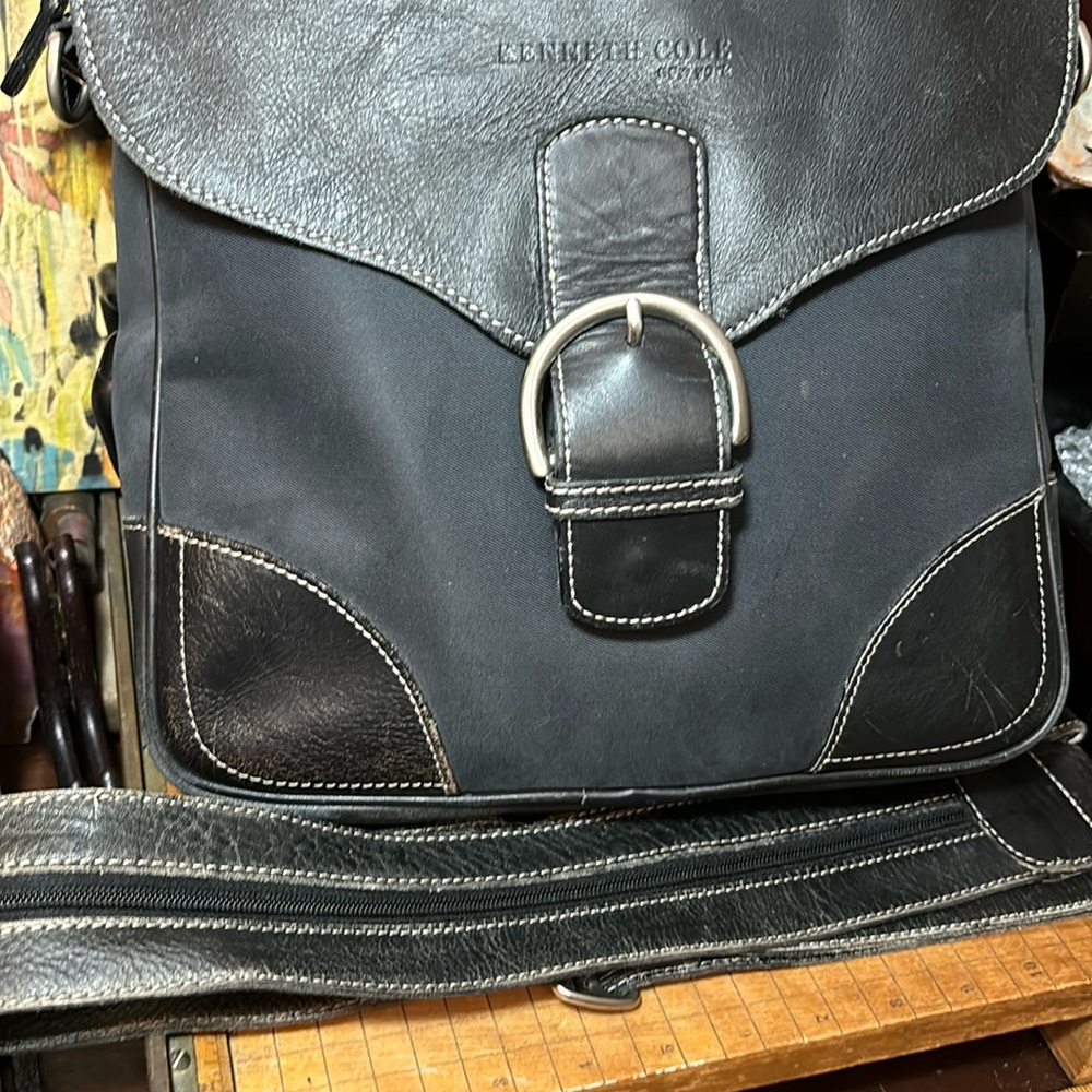 Kenneth Cole New York Black Nylon and Leather Backpack Bag Convertible Strap - Picture 5 of 13